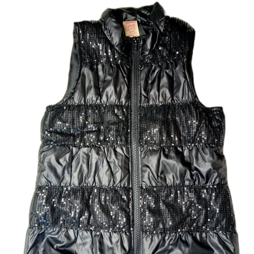 Faded Glory Girls Black Puffer Vest Full Zip Sequins Size 7/8